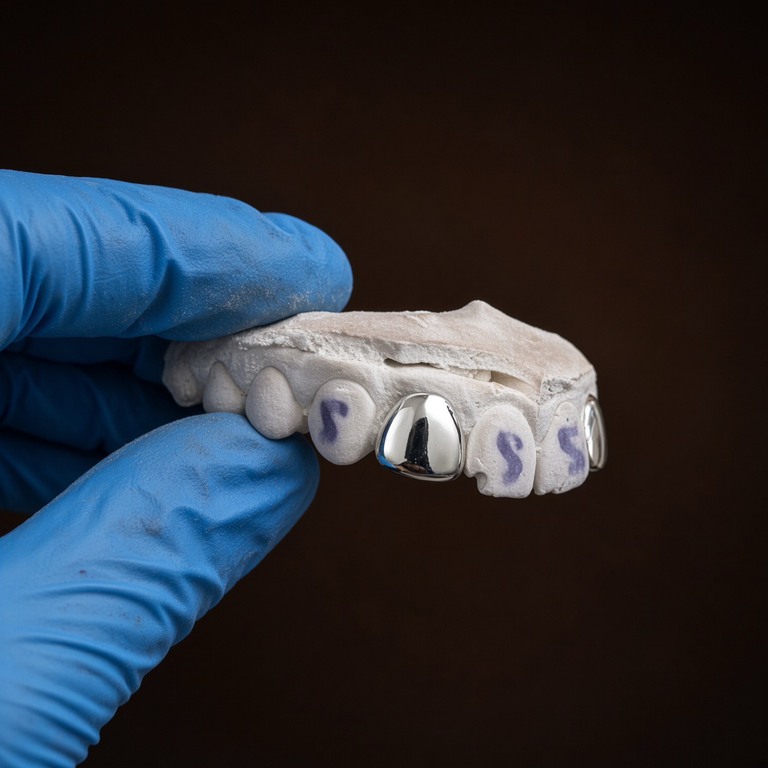 Two silver caps on a plaster model, held in a gloved hand